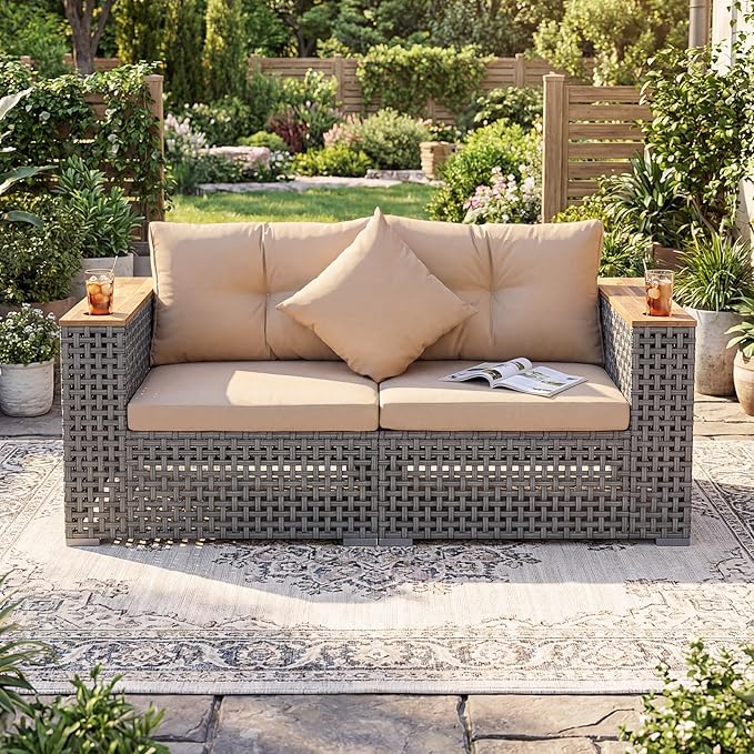 Tangkula 62.5" Large Patio Wicker Loveseat with Acacia Wood Armrests & Cup Holders, Outdoor 2-Piece Rattan Corner Sofa with Cushions, Sectional Conversation Set for Garden Backyard Porch Balcony