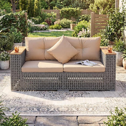 Tangkula 62.5" Large Patio Wicker Loveseat with Acacia Wood Armrests & Cup Holders, Outdoor 2-Piece Rattan Corner Sofa with Cushions, Sectional Conversation Set for Garden Backyard Porch Balcony