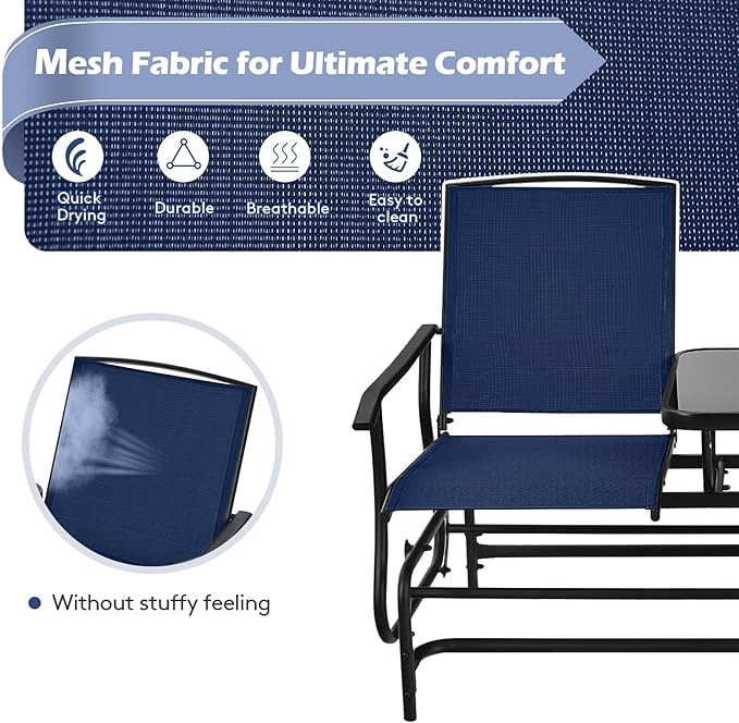Tangkula 2 Person Swing Glider Chair, Patio Rocking Loveseat w/Center Tempered Glass Table - Photo 5