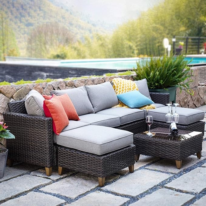 Grand patio Sofa Sets Outdoor Furniture Sets, PE Wicker Patio Furniture Sectional Sofa with Thick Olefin Cushions for Yard Garden Porch(Brown Sofa Set for Six, 7 PCS)