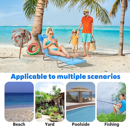 Outdoor Tanning Chair with Pillow, Folding Chaise Lounge Chair with Adjustable Backrest, Portable Lay Flat Beach Lounge Chairs for Sunbathing Poolside Patio Lawn Camping(Blue 2)