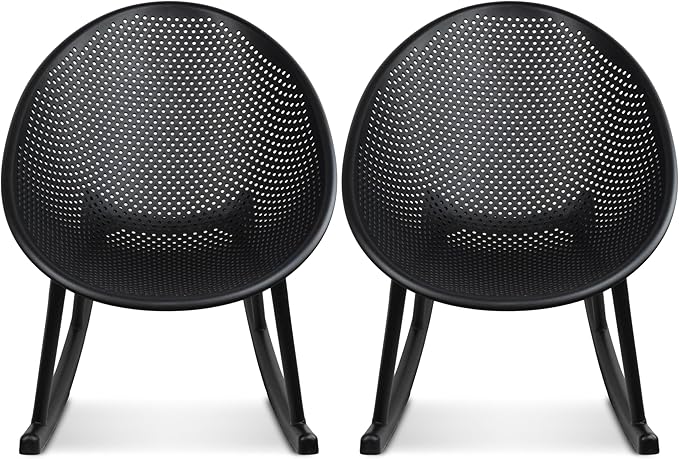 2xhome Set of 2 Patio Rocking Chairs | Oval Egg Shaped Lounge Rocker | All Weather Plastic | Modern Accent Side Chair for Indoor or Outdoor Use, Black