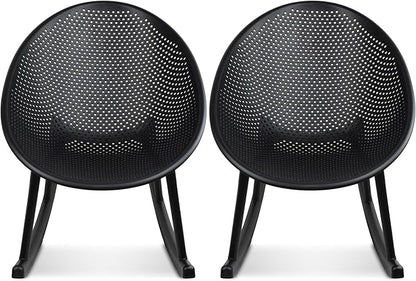 2xhome Set of 2 Patio Rocking Chairs | Oval Egg Shaped Lounge Rocker | All Weather Plastic | Modern Accent Side Chair for Indoor or Outdoor Use, Black