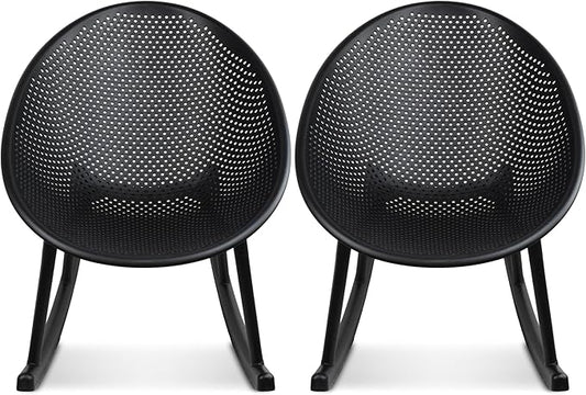 2xhome Set of 2 Patio Rocking Chairs | Oval Egg Shaped Lounge Rocker | All Weather Plastic | Modern Accent Side Chair for Indoor or Outdoor Use, Black