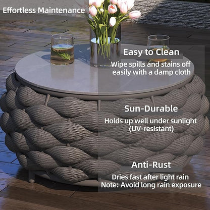 Round Coffee Table for Indoor & Outdoor Use, Aluminum Patio Furniture with Handwoven Ropes, Weather-Resistant for Garden, Terrace & Poolside (Black)