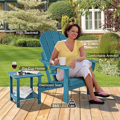 nalone Folding Adirondack Chairs Set of 2 with Cushion with Cup Holder, HDPE Plastic Oversized Patio Chair Weather Resistant, Used in Outdoor, Fire Pit, Deck, Garden, Campfire Chairs (Blue)