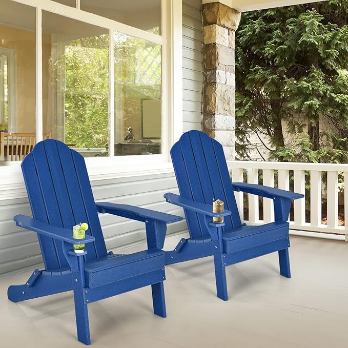 Tangkula Outdoor Folding Adirondack Chair, HDPE Armchairs with Cup Holder, Weather Resistant Lounger Chair for Patio Garden Fire Pit Backyard, Lawn Porch Seating, Adirondack Lounger (4, Navy)