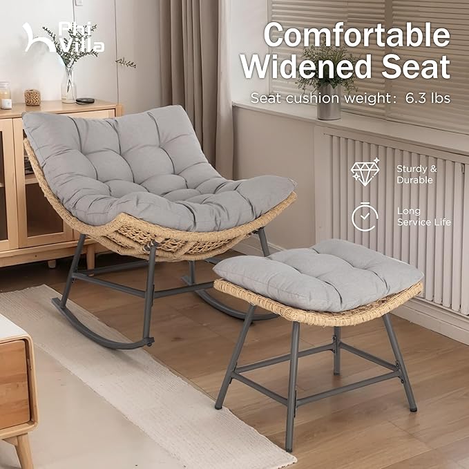 PHI VILLA Outdoor Rocking Chair with Footstool, Modern Wicker Papasan Egg Chair with Thick Comfy Cushion - Photo 4