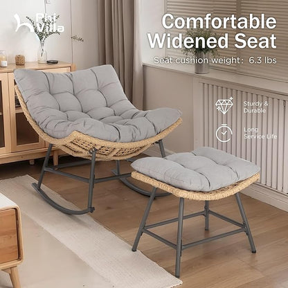 PHI VILLA Outdoor Rocking Chair with Footstool, Modern Wicker Papasan Egg Chair with Thick Comfy Cushion, Large Lounge Chair for Patio, Balcony, Garden, Porch and Indoor