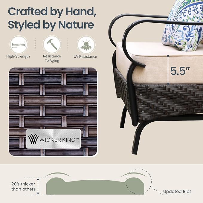 PHI VILLA Wicker & Metal Outdoor Patio Couch, 3-Seat Patio Sofa with Deep Seating for Front Porch, Deck, Balcony - Photo 3
