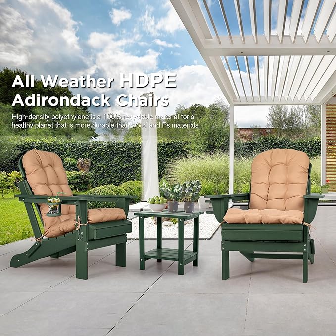nalone Folding Adirondack Chair with Cushion with Cup Holder, HDPE Plastic Oversized Patio Chair Weather Resistant, Used in Outdoor, Fire Pit, Deck, Garden, Campfire Chairs (Green)
