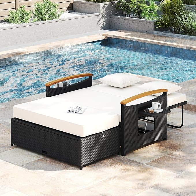 Moccha Outdoor Wicker Daybed, Patio Rattan Loveseat Sofa w/ 4-Level Adjustable Backrest, Folding Panels - Photo 7
