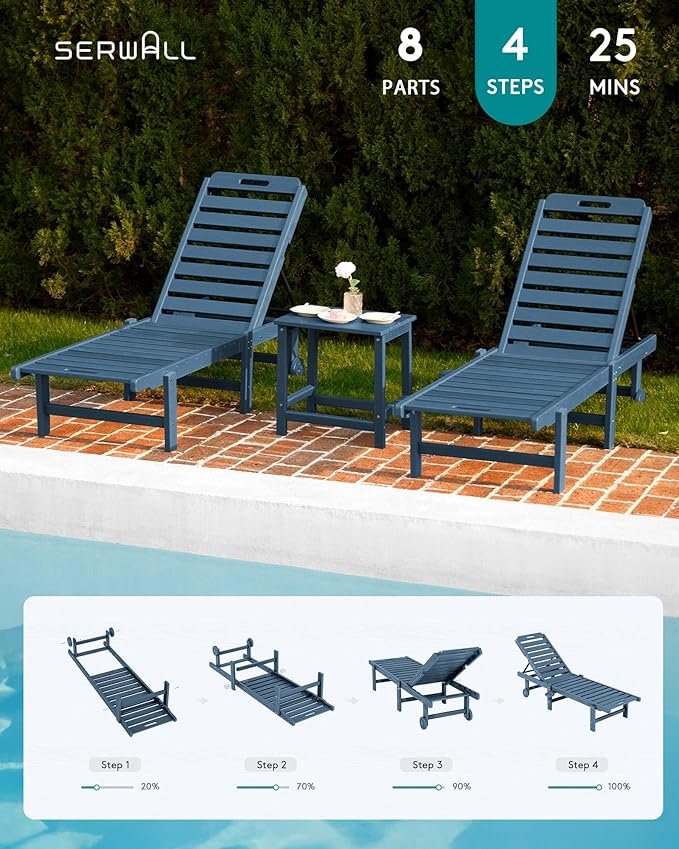 SERWALL Outdoor Chaise Lounge Set of 8, HDPE Pool Lounge Chairs with 5-Position Adjustable Backrest - Photo 7