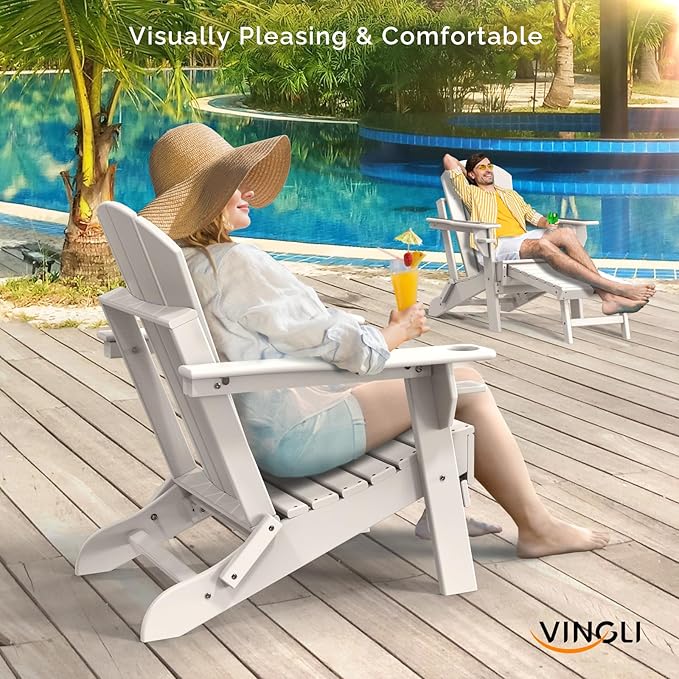 VINGLI Folding Adirondack Chair with Ottoman, Waterproof Plastic HDPE Firepit Chair for Outside with Hidden Footrests - Photo 2