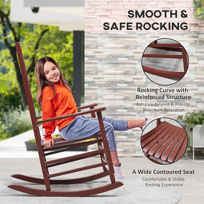 Outdoor Rocking Chair, Patio Wooden Rocking Chair with Smooth Armrests, High Back for Garden, Balcony, Porch, Supports Up to 352 lbs., Wine Red