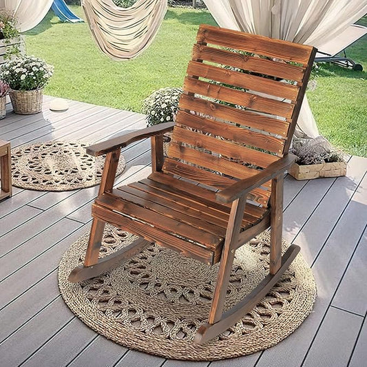 Outdoor Wood Rocking Chair, Porch Rocking Chair Wooden Rustic High Back Rocker for Indoor, Backyard, Patio, Natural