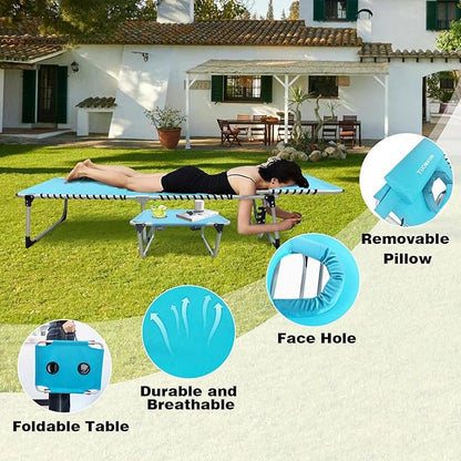 Sun Tanning Chair with Face Hole 5-Position Folding Lounge Chair Outdoor with Portable Beach Table for Poolside Sunbathing Camping Lawn Backyard