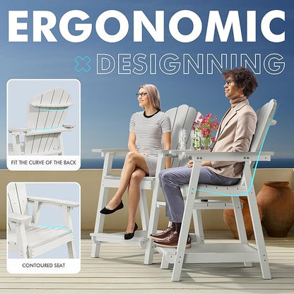 Tall Adirondack Chair Set of 4 with Double Connecting Tray, Recycled HDPE with Wood Grain, Weather Resistant, Outdoor Adirondack Chairs for Deck, Balcony, Patio, Backyard, White