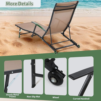 Nice C Patio Chaise Lounge with Wheel, Outdoor Lounge with Armrest for Pool, 5 Reclining Positions, with Rolling Wheel for Poolside, Beach, Backyard, Patio (1 Pack, Beige)