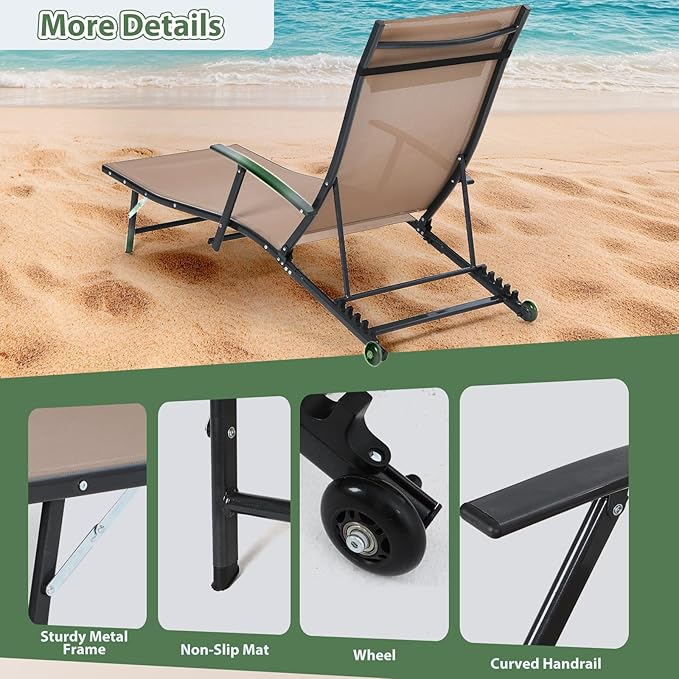 Nice C Patio Chaise Lounge with Wheel, Outdoor Lounge with Armrest for Pool, 5 Reclining Positions, with Rolling Wheel for Poolside, Beach, Backyard, Patio (Set of 2, Beige)