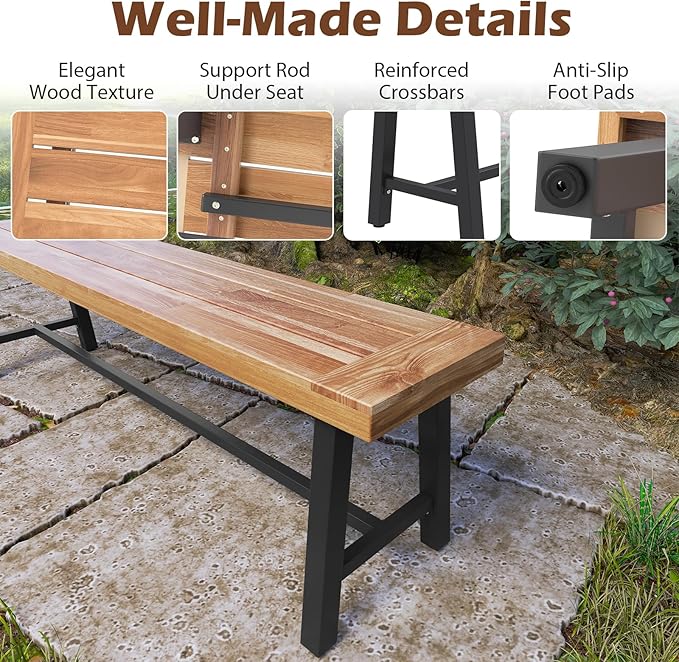 Outdoor Bench Garden Bench, 63" Backless Acacia Wood Bench with Heavy-Duty Metal Legs, Patio Dining Bench Front Porch Benches for Outside, Yard & Garden
