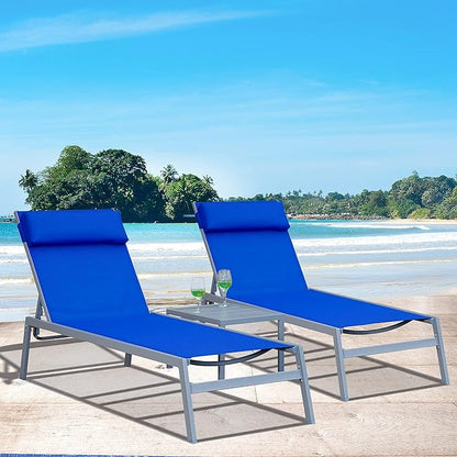 Domi Patio Chaise Lounge Set, Classic Pool Lounge Chairs with 5 Adjustable Posation, Breathable Textilene Fabric, Headrest and Table, Steel Frame Pool Chairs, Blue