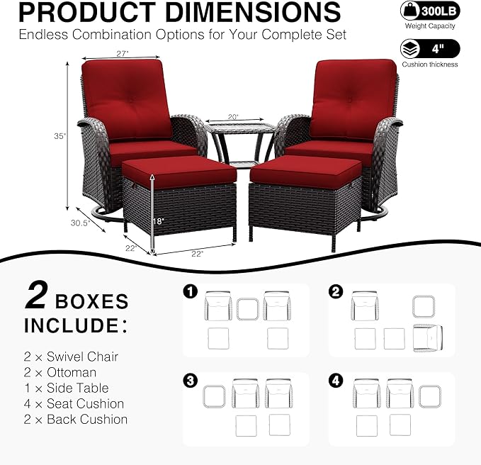 Joyside Wicker Patio Furniture Set, 5 Piece Outdoor Furniture Set with Thickened Cushions, High Back, Deep Seating, Wide Armrest, Outdoor Swivel Rocker Chairs for Porch, Deck