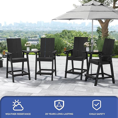 FOOWIN Tall Adirondack Chairs Set of 2,HDPE Adirondack Bar Stools with Connecting Tray & Cup Holders,Weather Resistant Balcony Chair for Outdoor Deck Lawn Pool Backyard Black