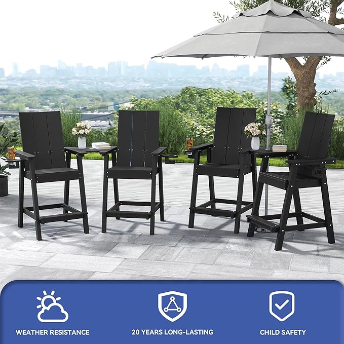 FOOWIN Tall Adirondack Chairs Set of 8,HDPE Adirondack Bar Stools with Connecting Tray & Cup Holders,Weather Resistant Balcony Chair for Outdoor Deck Lawn Pool Backyard Black