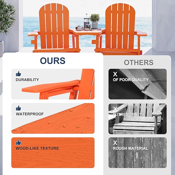 Vongrasig Adirondack Chairs Set of 2 with Removable Tabletop, All-Weather HDPE Outdoor Chair Set with Wooden Textured, Cup Holder for Patio, Poolside, Deck, Garden, Orange