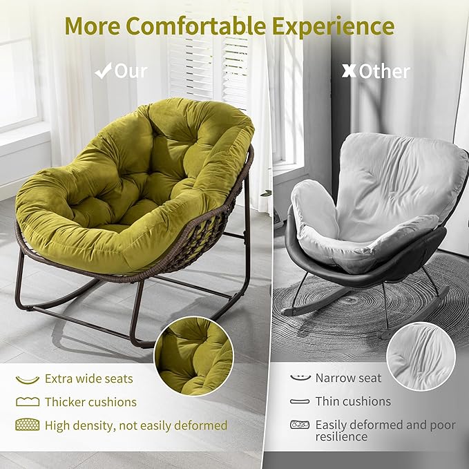 HOMEFUN Outdoor Patio Rocking Chairs, Oversized Papasan Rock Chair Indoor with Velvet Padded Cushion - Rocker Egg for Front Porch, Garden, Backyard Olive