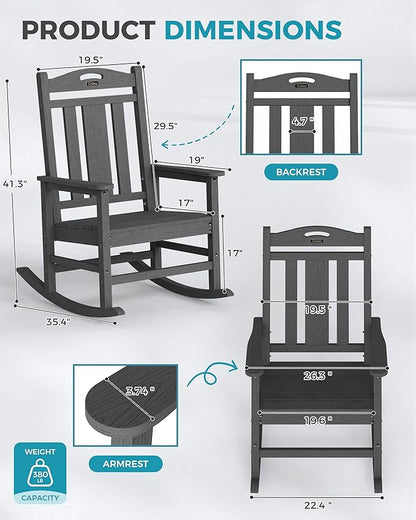 Ciokea Oversized Outdoor Rocking Chairs Set of 4, 380lbs Heavy-Duty Large Patio Rocker, High Back Cozy Porch Chairs, Weather Resistant Patio Rocking Chairs for Outside, Fire Pit, Deck, Dark Grey