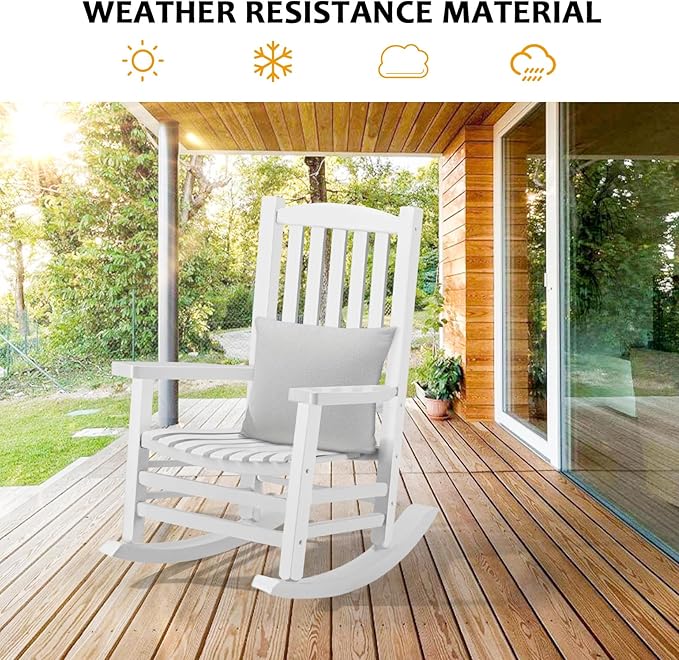 Wooden Rocking Chair Outdoor Oversized Porch Rocker Chair,Patio Wooden Rocker with High Back and Armrest,All Weather Rocker Slatted for Backyard,Garden,400 lbs Support,White