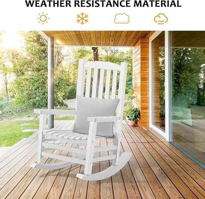 Wooden Rocking Chair Outdoor Oversized Porch Rocker Chair,Patio Wooden Rocker with High Back and Armrest,All Weather Rocker Slatted for Backyard,Garden,400 lbs Support,White
