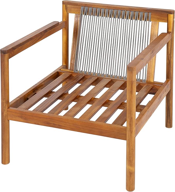 Christopher Knight Home Krixi Acacia Wood Lounge Chair Outdoor with Rope Accent, Accent Chair with Water-Repellent Cushions, Comfy Chairs for Garden/Backyard, Heavy Duty Patio Furniture, Teak + Cream