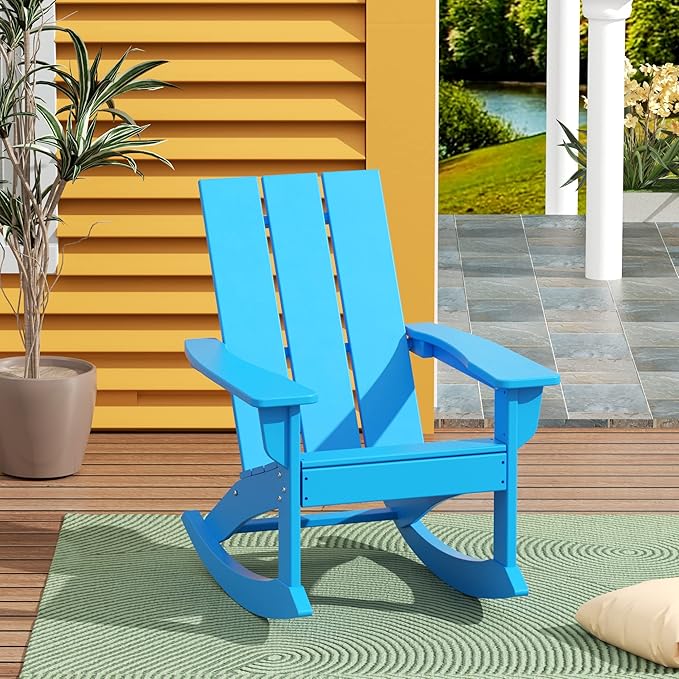 WestinTrends Ashore Patio Rocking Chair, All Weather Poly Lumber Plank Adirondack Rocker Chair, Modern Farmhouse Outdoor Rocking Chairs for Porch Garden Backyard and Indoor, Pacific Blue