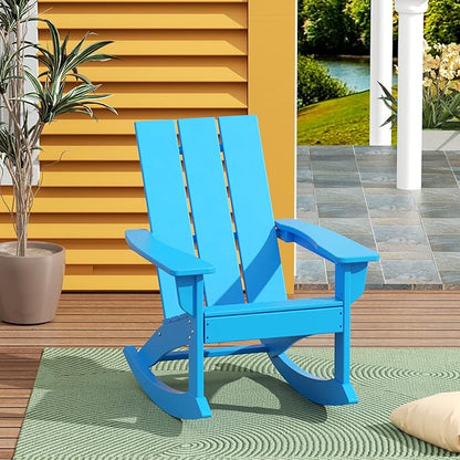 WestinTrends Ashore Patio Rocking Chair, All Weather Poly Lumber Plank Adirondack Rocker Chair, Modern Farmhouse Outdoor Rocking Chairs for Porch Garden Backyard and Indoor, Pacific Blue