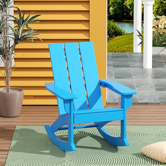 WestinTrends Ashore Patio Rocking Chair, All Weather Poly Lumber Plank Adirondack Rocker Chair, Modern Farmhouse Outdoor Rocking Chairs for Porch Garden Backyard and Indoor, Pacific Blue