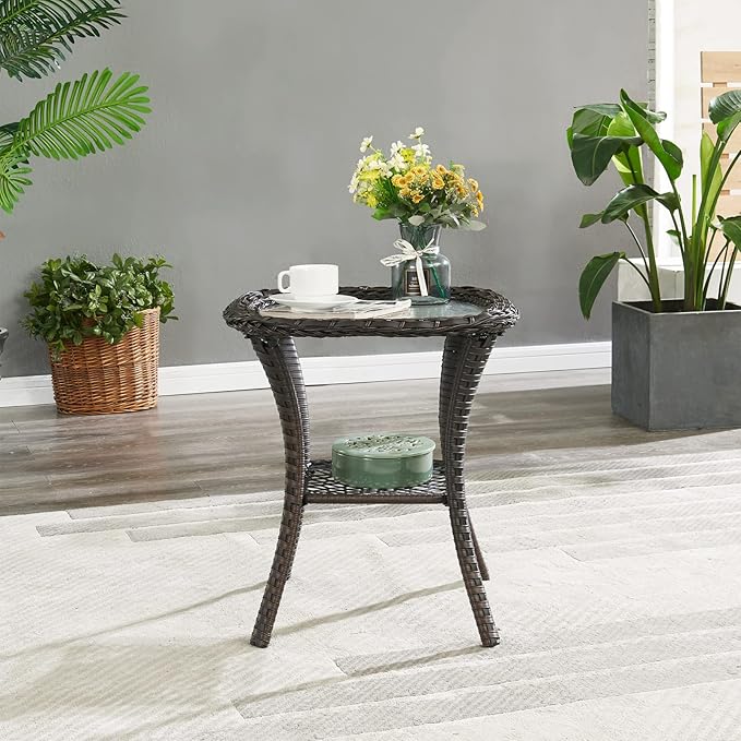 HUMMUH Patio Wicker Side Table Outdoor, Rattan End Table Glass Top Coffee Table with Storage Brown