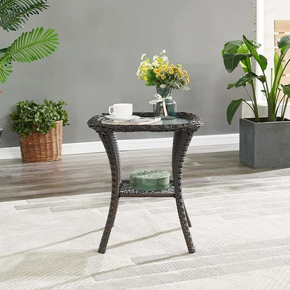 HUMMUH Patio Wicker Side Table Outdoor, Rattan End Table Glass Top Coffee Table with Storage Brown