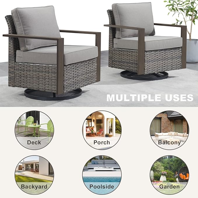 Rilyson Outdoor Patio Swivel Rocker Chairs - Wicker Rattan Patio Swivel Rocking Chairs Set of 2 with Metal Wide Armrest, Thick Cushions and Deep Seating for Deck Porch Sunroom Garden(Mixed Grey/Grey)