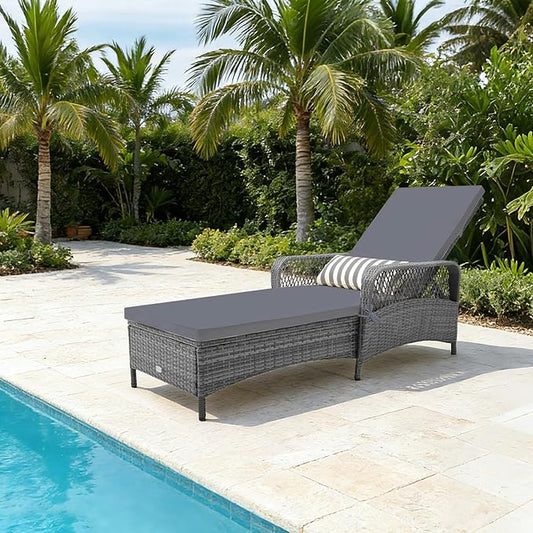 COSTWAY PE Rattan Chaise Lounge Chair, 6 Gear Adjustable Recliner with Armrest & Pillow, Wicker Outdoor Furniture for Deck, Patio (1, Dark Gray)
