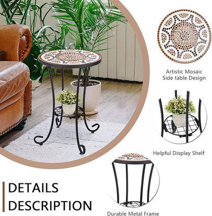 VCUTEKA Outdoor Side Table Mosaic Patio Table Accent Tables Mosaic Tile Top Metal Frame Small End Tables Porch Beach Patio Garden Balcony Russet 14''