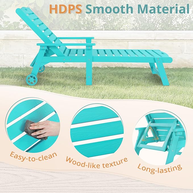 LUE BONA Lounge Chair Outdoor with Table, 2-Piece, HDPS Chaise Lounge Outdoor with Wheels, 5 Positions Adjustable Pool Lounger Chairs for Outside, Patio, Aruba Blue