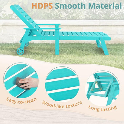 LUE BONA Outdoor Lounge Chair Set with Table, 3-Piece, HDPS Chaise Lounge Outdoor with Wheels, 5 Positions Adjustable Pool Lounger Chairs for Outside, Patio, Aruba Blue