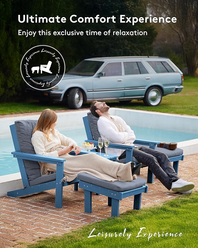 SERWALL Adirondack Chair Set of 2 with Cushion and Ottoman -All Weather HDPE Outdoor Adirondack Chair Set, Durable Adirondack Patio Chairs for Garden, Deck, or Poolside- Blue