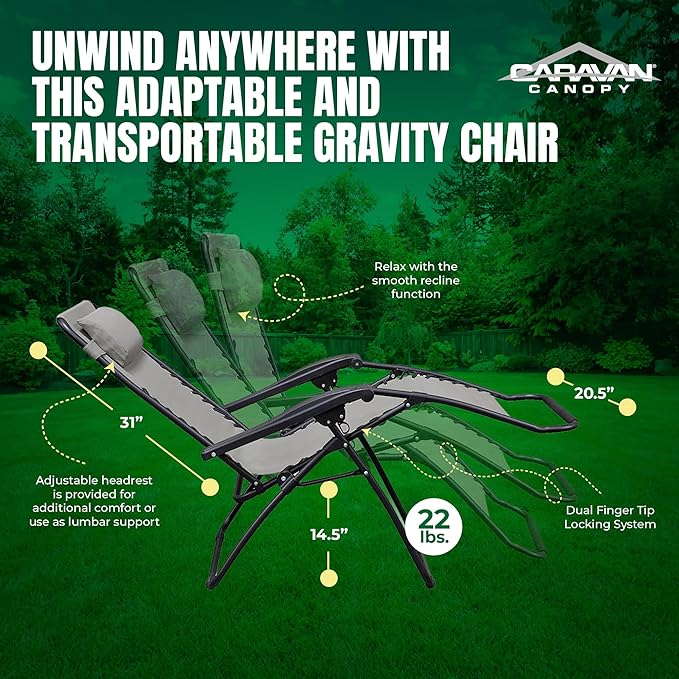 Caravan Sports Zero Gravity Outdoor Portable Folding Camping Lawn Deck Patio Pool Recliner Lounge Chair for Adults, Adjustable Headrest, Gray
