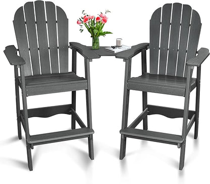 FRUITEAM High-Adirondack-Chairs Set of 2 with Connecting Tray, Outdoor Weather-Resistant Deck Chairs, Low-Maintenance Poly Balcony Set, for Patio, Poolside, Garden