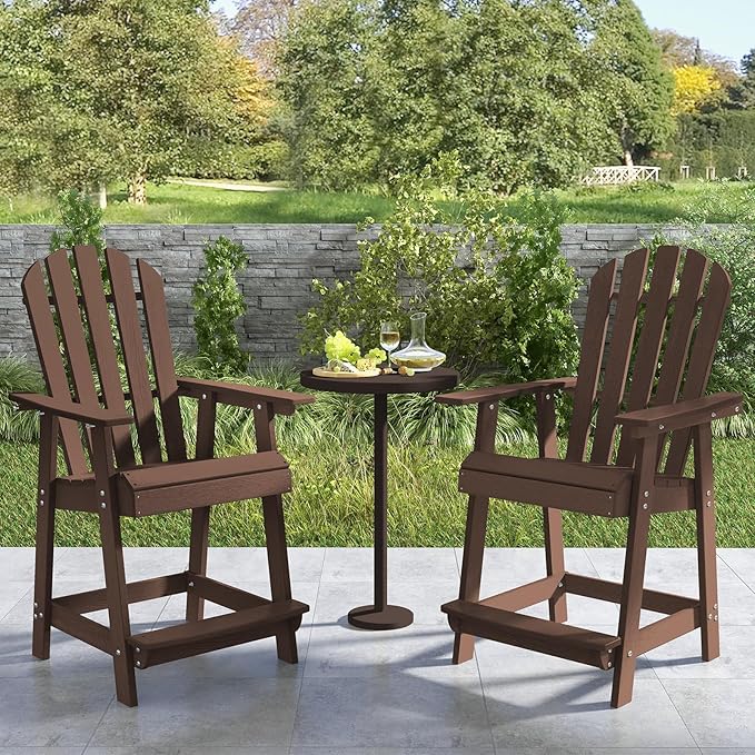 Tangkula Outdoor Bar Stool, HDPE Tall Adirondack Chair with Armrest & Footrest, Weather Resistant 47 Inch Counter Height Barstool Lifeguard Chair for Pool Deck Patio Garden, Balcony Chairs (1, Brown)