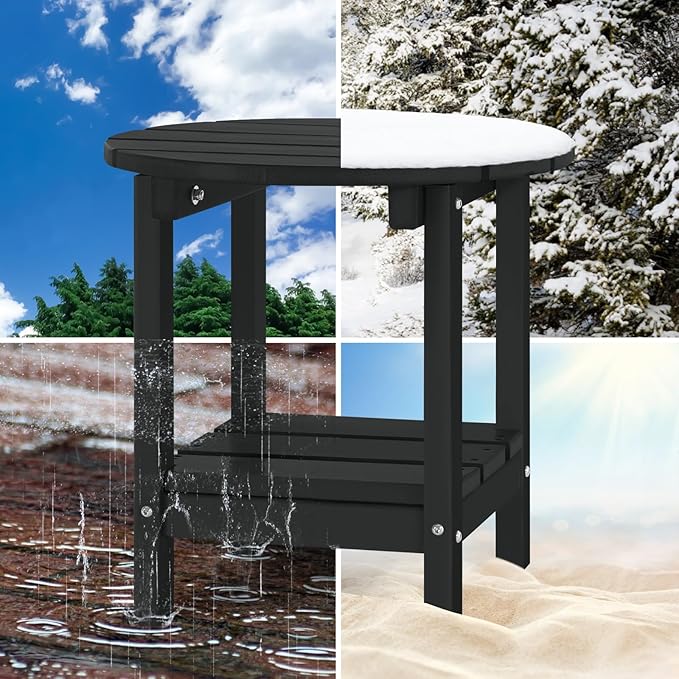Set 2 Adirondack Outdoor Side Tables, 2-Tier Round Outdoor Table, Weather Resistant HDPE Patio End Table for Garden, Lawn, Pool, Beach, Porch, Deck, Backyard - Black